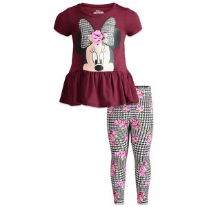 Disney Minnie Mouse Floral Girls Peplum T-Shirt and Leggings Outfit Set Toddler - 1 of 4