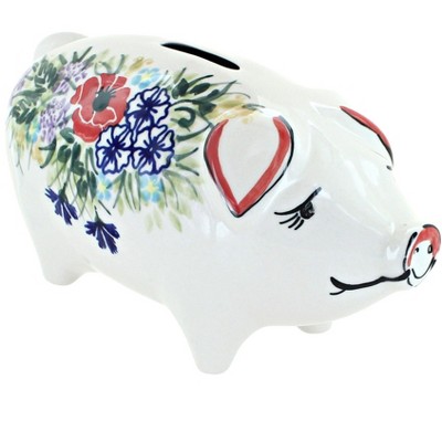 Blue Rose Polish Pottery Summer Garden Piggy Bank