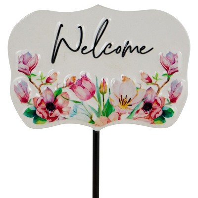 White Floral Welcome Metal Garden Stake, 8 inch