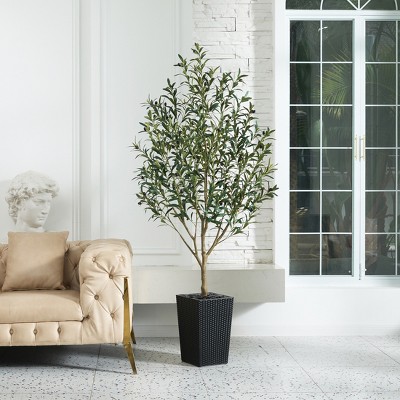 Artificial Olive Tree 5ft/6ft Tall Faux Indoor Plant - Realistic Green Leaves and Black Olives - Decorative Potted Tree for Living Room Home Office