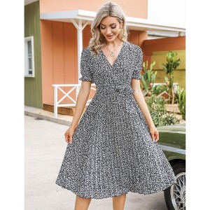 Coolmee Women's Dress Floral Wrap V Neck Pleated Dress Short Lantern Sleeve Flowy A Line Midi Dress with Belted - 1 of 4
