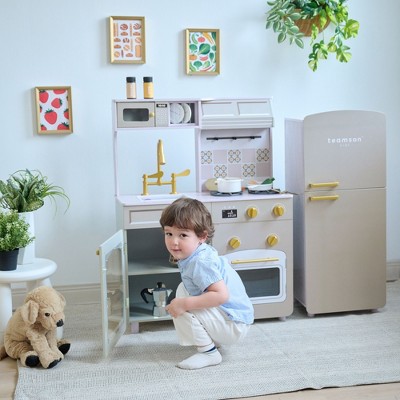 Teamson Kids Little Chef Normandy Wooden Play Kitchen with Sink, Oven & Modular Fridge, 14 Accessories