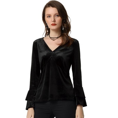 Allegra K Women's V Neck Velvet Blouse Flare Long Sleeve Peplum