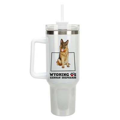 Elanze Designs The Cowboy State Wyoming Loves German Shepherds White Double Wall Stainless Steel Insulated Travel Tumbler with Lid and Straw, 40 Ounce