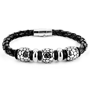 West Coast Jewelry Men's Steel Beads Braided Black Leather Bracelet - 8.25" - 1 of 4