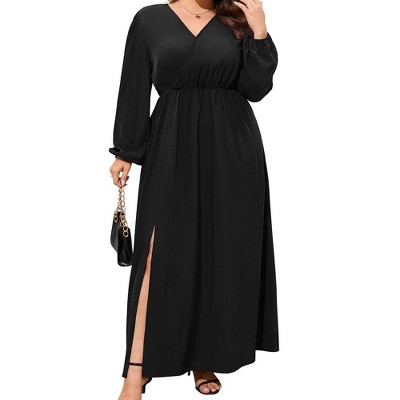 MISSKY Women Plus Size Maxi Dresses Long Lantern Sleeves Casual Wrap Split Dress