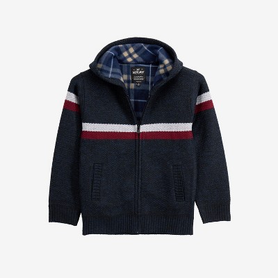 X RAY Boy's Hooded Flannel Lined Full Zip Sweater With Stripes