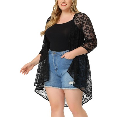 Agnes Orinda Women's Plus Size Lace Sheer High Low 3/4 Sleeve Open Front Cardigans