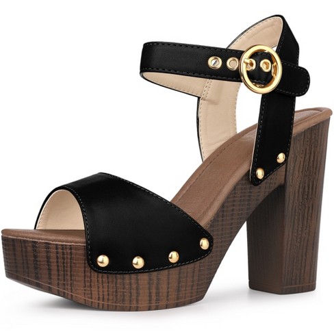 Black Strappy Buckle Block Heel Sandal