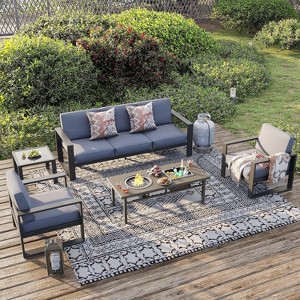 Heynemo Aluminum Patio Furniture Set with Fire Pit Table, 5 Pieces Modern Outdoor Seating Set Metal Sectional Couch Sofa and Coffee Table - 1 of 4