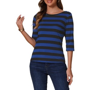 INSPIRE CHIC Women's Elbow Sleeves Boat Slim Fit Casual Stripe Animal Print Multi Floral Pattern T-Shirt - 1 of 4