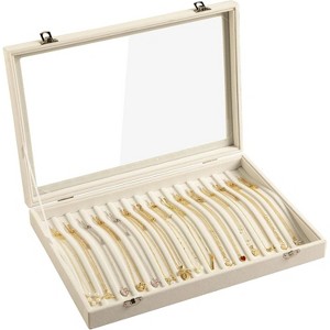 Lockable Necklace Organizer with 15 Hooks, Beige Velvet Tray and Clear Lid for Pendants and Chains, Jewelry Storage Box - 1 of 4