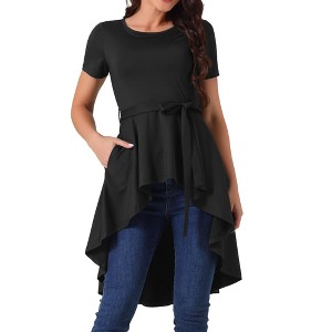 Seta T Women's Round Neck Tie Waist Asymmetrical Irregular Hem Short Sleeve Tops - 1 of 4