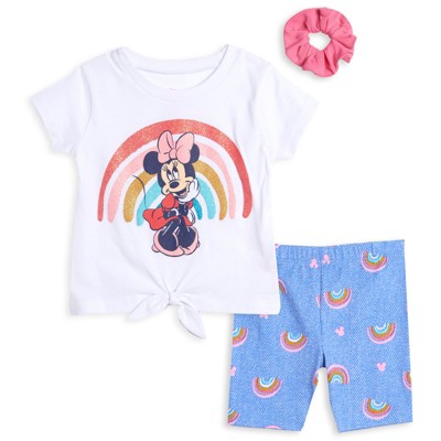 Mickey Mouse & Friends Minnie Girls 3 Piece Outfit Set: T-Shirt Shorts Scrunchy 