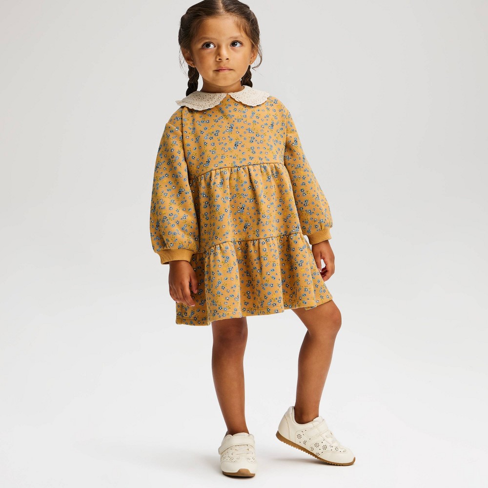 Toddler Girls' Long Sleeve Floral Fleece Tiered Dress - Cat & Jack™ Yellow 5T