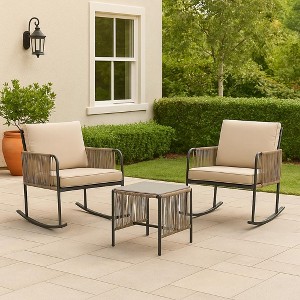3-Piece Steel Frame Rocking Chair Set Beige – Teamson Home: Rope Accents & Cushions - 1 of 4