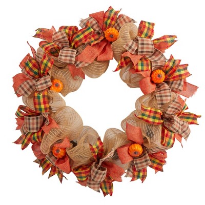 Nearly Natural 30” Autumn Pumpkin with Decorative Bows Artificial Fall Wreath