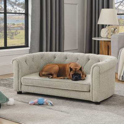 Akoasm Linen Cozy & Foam Square Dog Sofa With Curved Armrests And Backrests-Beige