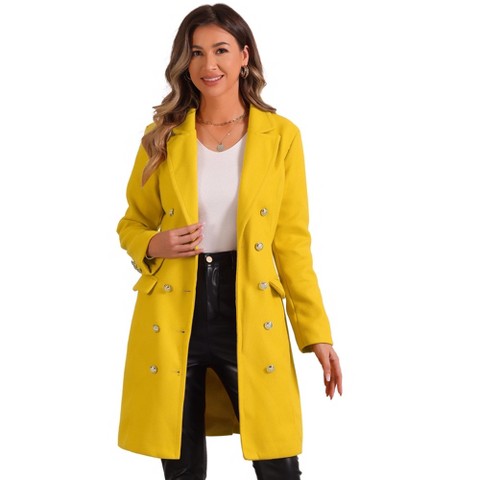 Allegra K Women's Notched Lapel Double Breasted Mid-Long Pea Coat Yellow X-Small