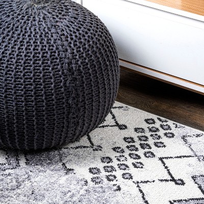 Ivory and Charcoal Moroccan Geometric Distressed Area Rug