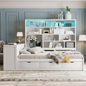 Full Size Daybed with Desk and Drawers, Wooden Storage Bed with Shelves & Lights - ModernLuxe - 1 of 4
