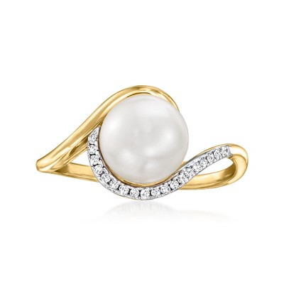 Ross-Simons 8-8.5mm Cultured Pearl Ring With Diamonds in 14kt Yellow Gold