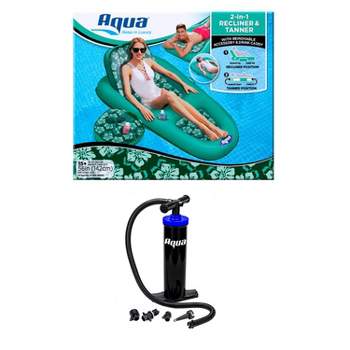 Aqua Leisure Campania 2 in 1 Convertible Water Lounger Pool Inflatable with Aqua Heavy Duty Dual Action Hand Pump with 4 Nozzle Adapters Attachments