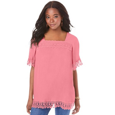 Roaman's Women's Plus Size Embroidered Lace Crinkle Top