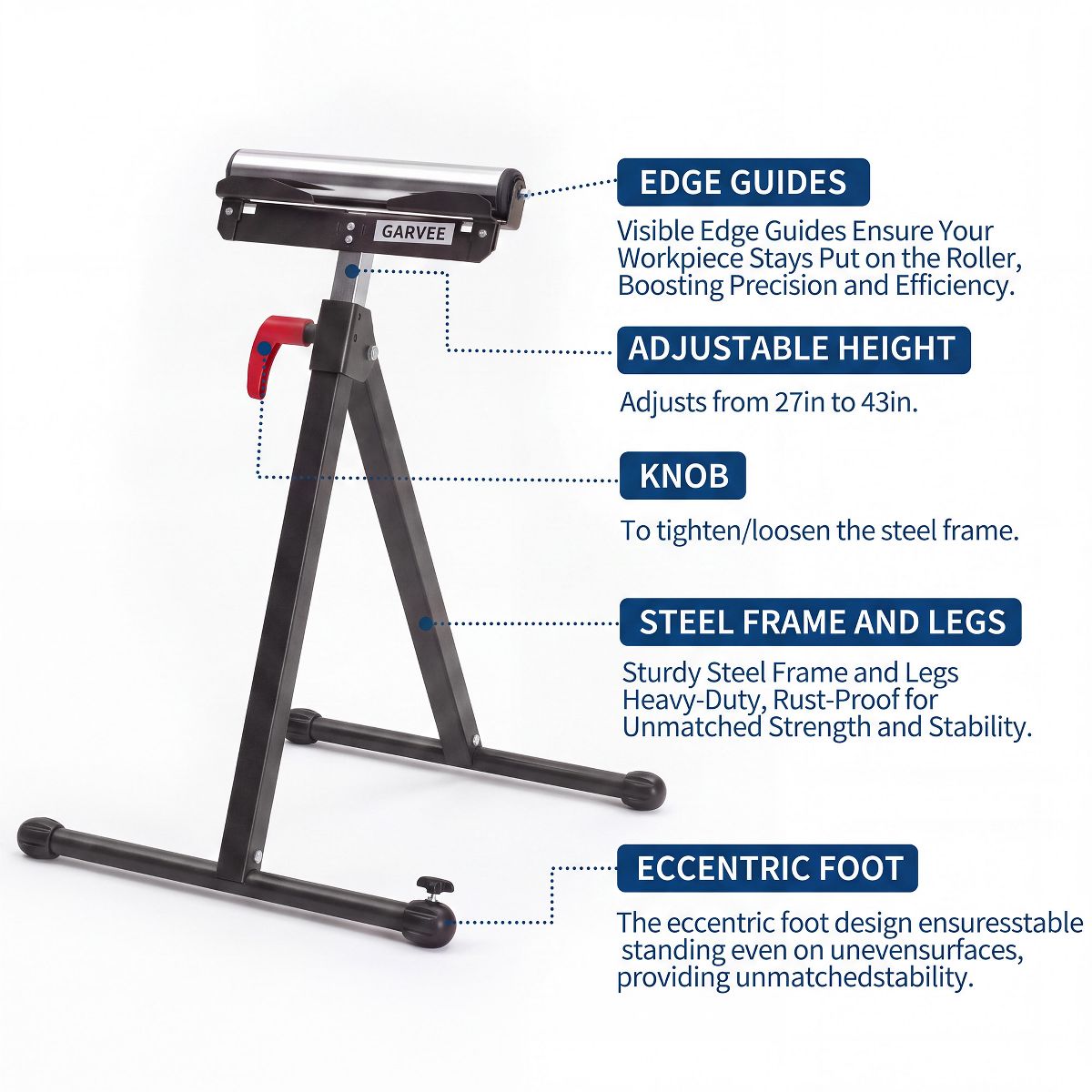 Folding Roller Stand, Heavy Duty 250 LBS Capacity Table Saw Outfeed Support, 27"-43" Adjustable Height for Woodworking & Metalworking, 1/2 Pack - thumbnail 6