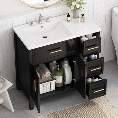 36" Bathroom Vanity With Sink Top Set Freestanding Bathroom Vanity Storage Cabinet With 2 Doors 3 Drawers  Black