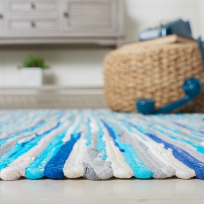 Turquoise and Multicolor Handmade Cotton Striped Area Rug, 8' x 10'