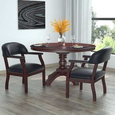 Elegant Mahogany Wood & Black Faux Leather Upholstered Arm Chair