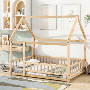 Full Size Wooden Floor Bed with House Roof Frame and Fence Guardrails for Kids Bedroom - 1 of 4