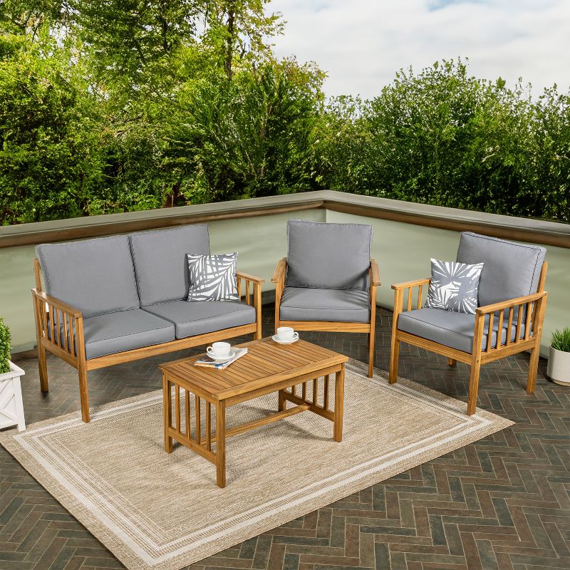 Everly 4-Piece Modern Cottage Acacia Wood Outdoor Patio Set with Cushions and Tropical Decorative Pillows - JONATHAN Y, 5 of 7