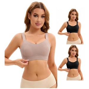 INSPIRE CHIC 3 Pcs Women's Push Up V Neck Full Coverage Wirefree Adjustable Straps Minimizer Bras 2 Black 1 Light Brown X-Large - 1 of 4