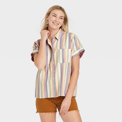 Women&#39;s Short Sleeve Button-Down Shirt - Universal Thread&#8482; Striped L