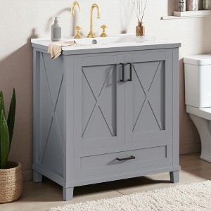 30" Bathroom Vanity with Sink, Freestanding Solid Wood Frame Cabinet with 2 Soft-Close Doors, 1 Drawer & Adjustable Shelves for Bathroom Storage - 1 of 4