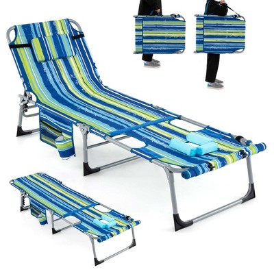 Tangkula Folding Chaise Lounge Chair Sunbathing Recliner w/ Face Hole & Removable Pillow Navy Blue