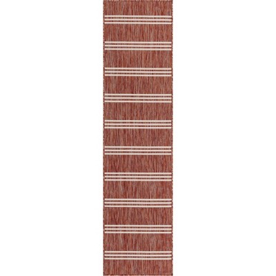Rust Red and Ivory Striped Synthetic Outdoor Runner Rug