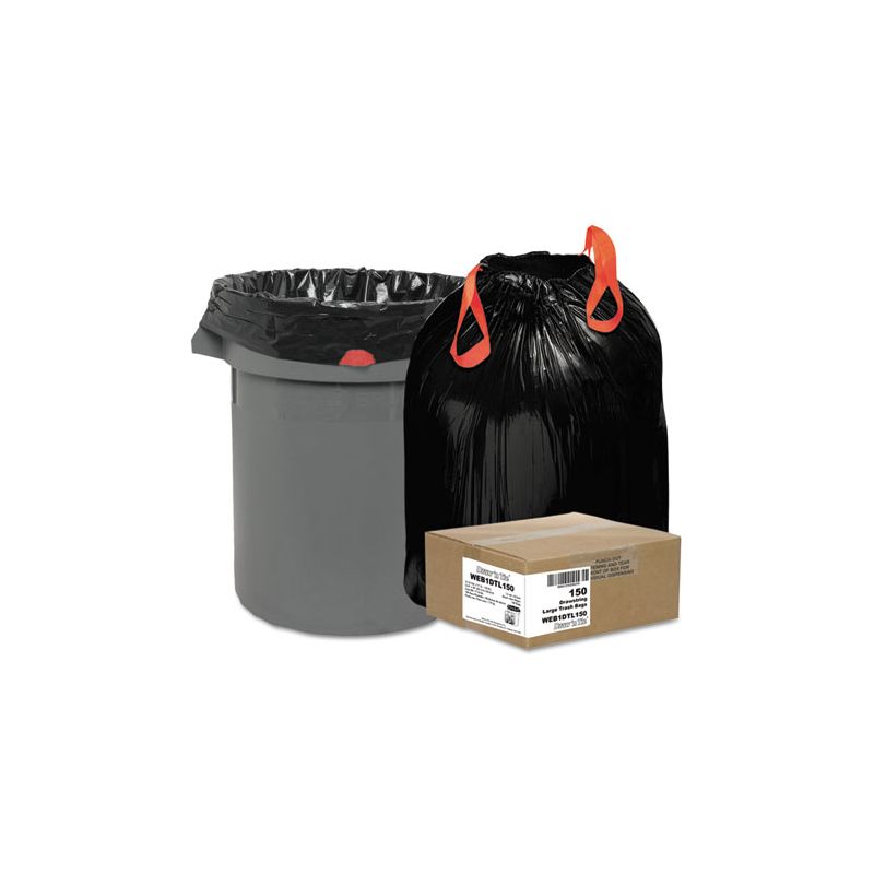 Draw 'n Tie Heavy-Duty Trash Bags, 33 gal, 1.2 mil, 33.5" x 38", Black, 25 Bags/Roll, 6 Rolls/Box, 1 of 2