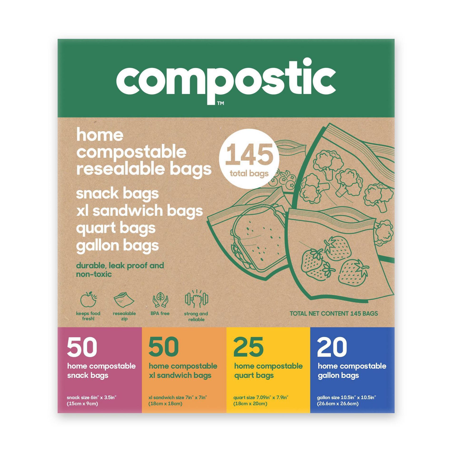 Compostic 100% Compostable Food Storage Bags Variety Pack - 145ct