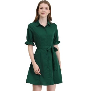 Allegra K Women's Summer Ruffled Short Sleeve Belted Button Down Shirt Dress - 1 of 4