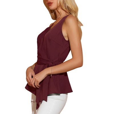 Allegra K Women's Summer Sleeveless V Neckline Wrap Tie Waist Tops