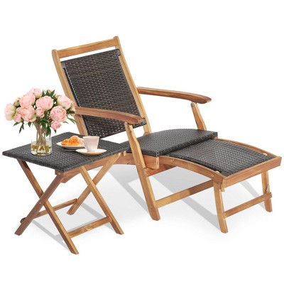 Acacia Wood and Brown PE Rattan Folding Lounge Chair Set with Retractable Ottoman