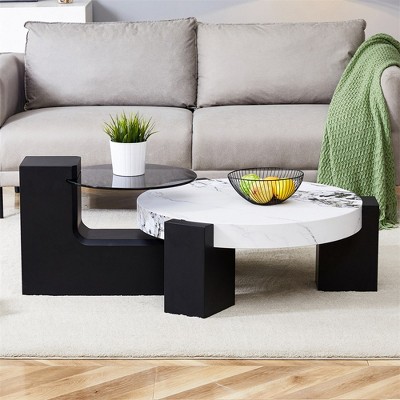 Modern White and Black MDF Coffee Table Set with Glass Top