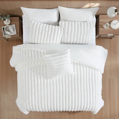 King White Faux Fur Reversible Comforter Set