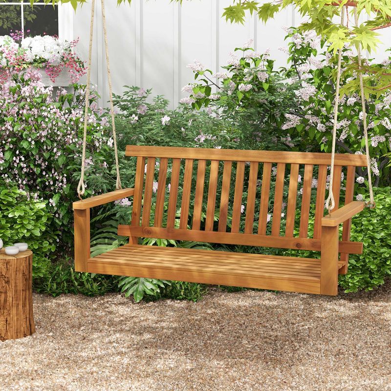 Costway 2-Seat Porch Swing Bench Acacia Wood Chair with 2 Hanging Hemp Ropes for Backyard, 1 of 10