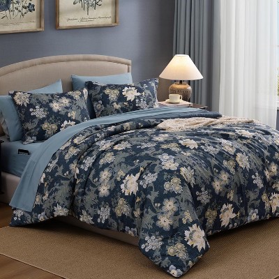 Der Rose BALHAM TRADE-Queen Comforter Set 7 Pieces Floral Antique Blue for All Seasons, Bed in a Bag Queen Rain Washed-Queen 90"x90" — фото 7
