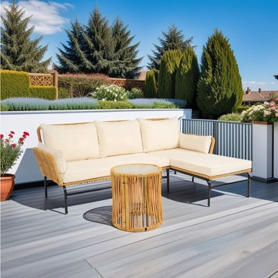 CAVINAS Outdoor Couch Set with Thick Cushions, Rattan Patio Conversation Sets, Modern Patio Sofa Set for Backyard, Garden, Light Yellow