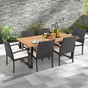 Costway 7 PCS Patio Rattan Dining Set Acacia Wood Table 6 Wicker Chairs with Umbrella Hole - 1 of 4